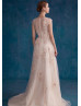 Beaded Cap Sleeves Blush Pink Lace Tulle Evening Dress